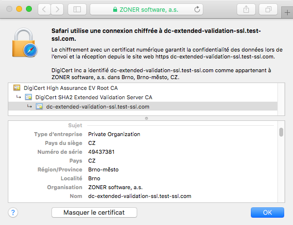 Affichage du certificat DigiCert Extended Validation SSL dans le navigateur