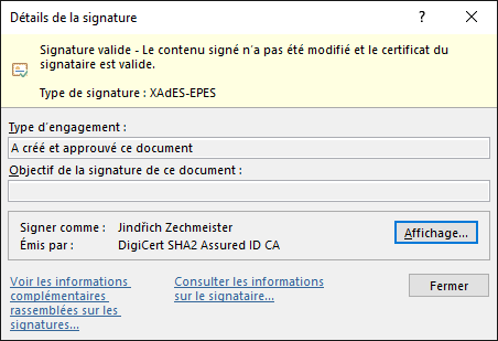 Affichage du certificat DigiCert Document Signing Organization
