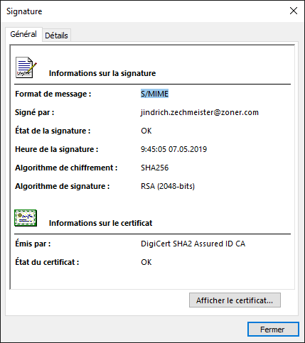 Certificat S/MIME DigiCert Secure Email for Individual dans un client de messagerie