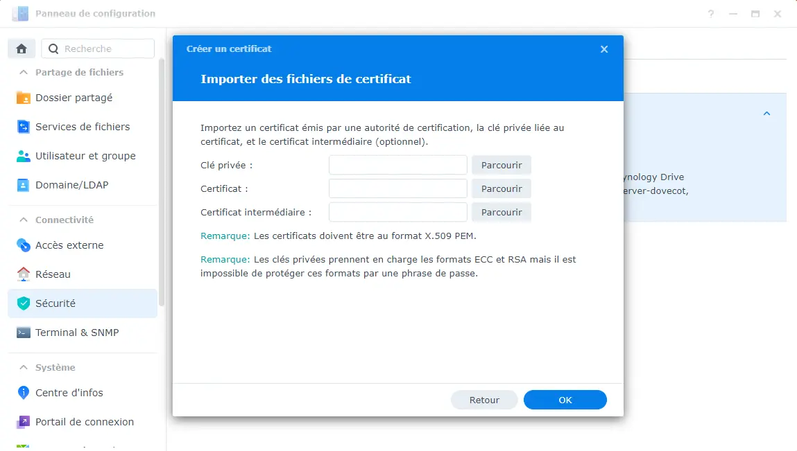 Assistant d'importation - sélectionnez la clé privée, le certificat et le certificat intermédiaire