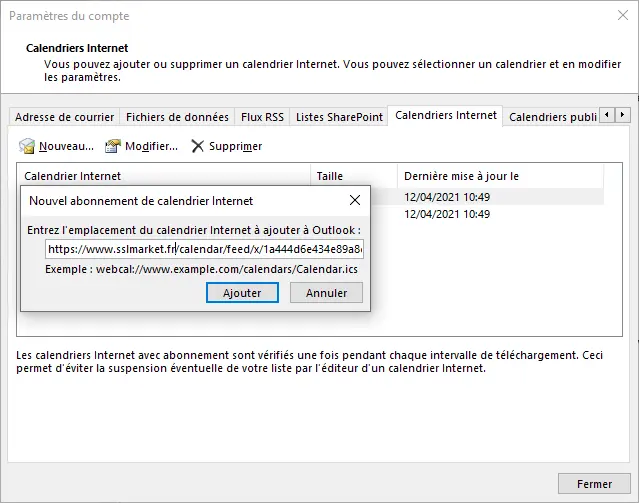 Ajouter un calendrier dans l'Outlook