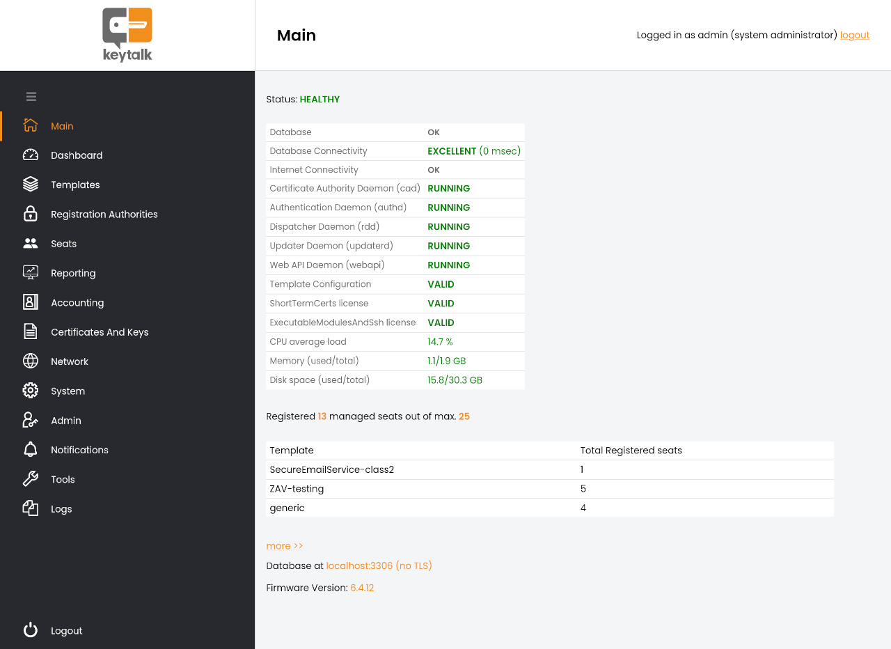 Interface serveur KeyTalk CKMS