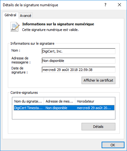 Détail du certificat DigiCert Code Signing