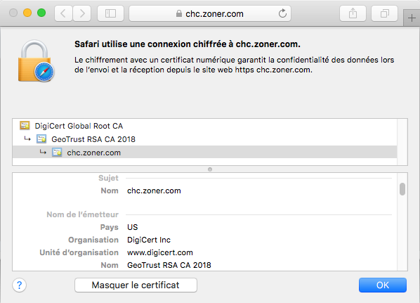 Affichage du certificat GeoTrust QuickSSL Premium Wildcard dans le navigateur
