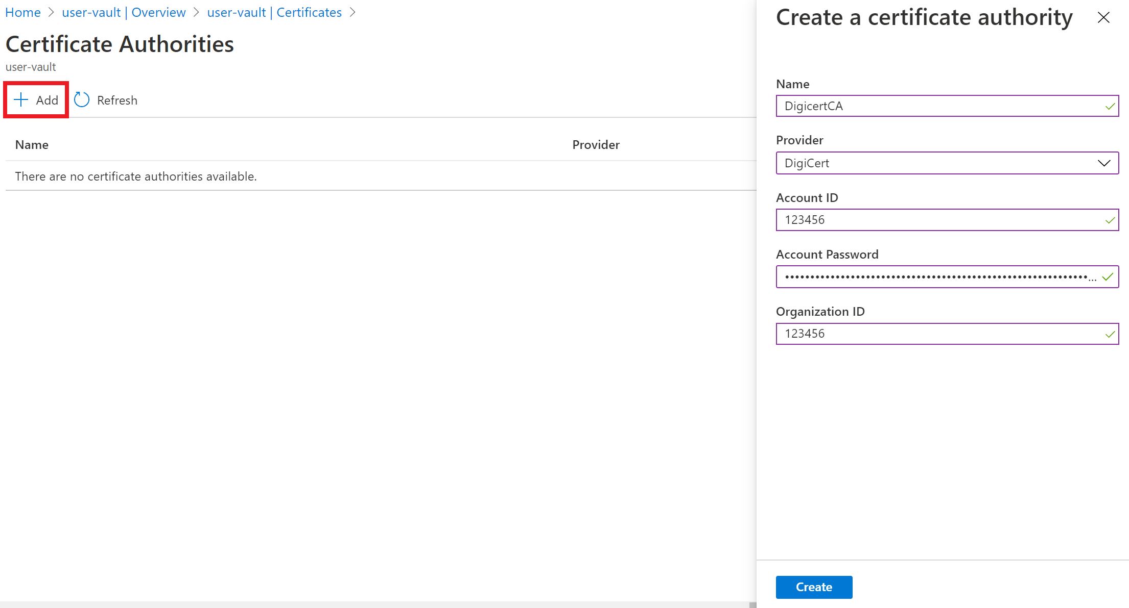 Connexion d'Azure Key Vault à l'AC DigiCert