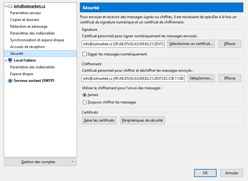 Définir le certificat s/mime dans Thunderbird