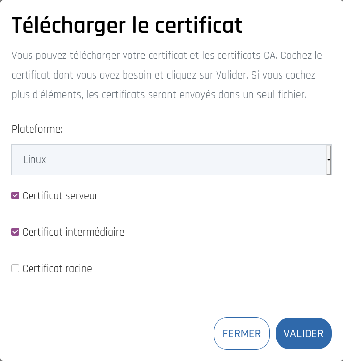 Possibilités du téléchargement de certificats