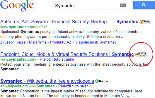 Vyhledávání Google a Symantec Seal-in-Search Výsledky vyhledávání Google a Symantec Seal-in-Search