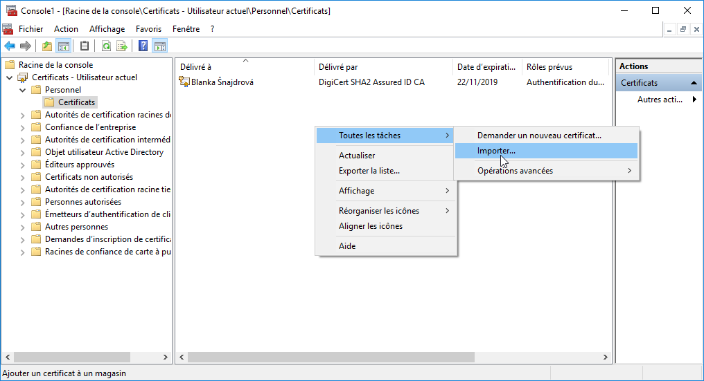Importer un certificat dans le magasin de certificats Windows
