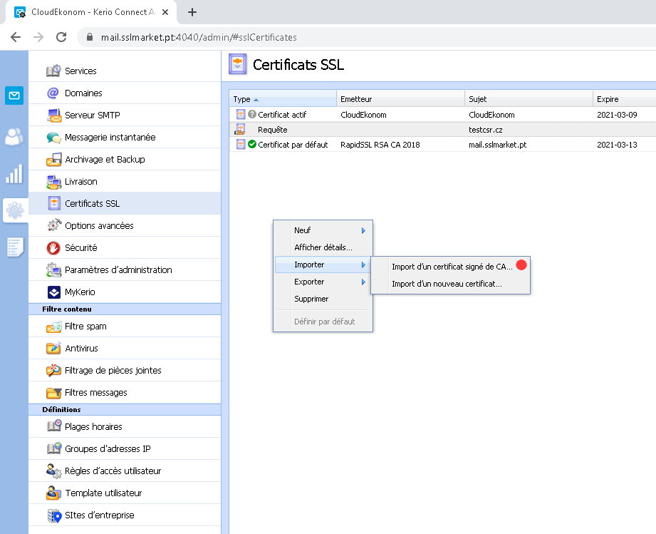 Kerio Connect - Importer le certificat émis