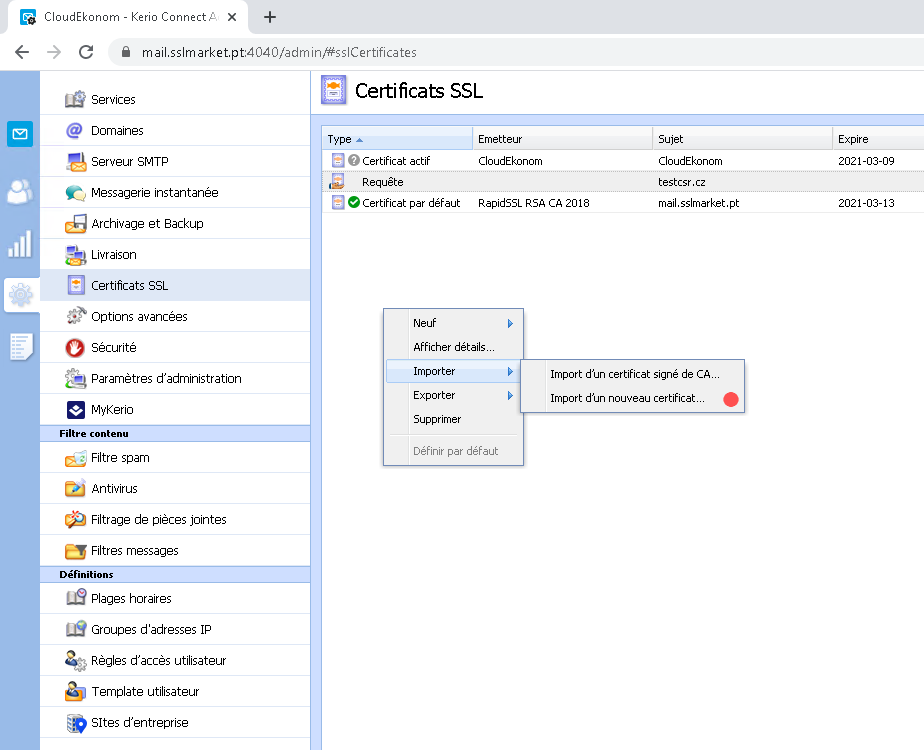 Kerio Connect - Importation d'un certificat émis