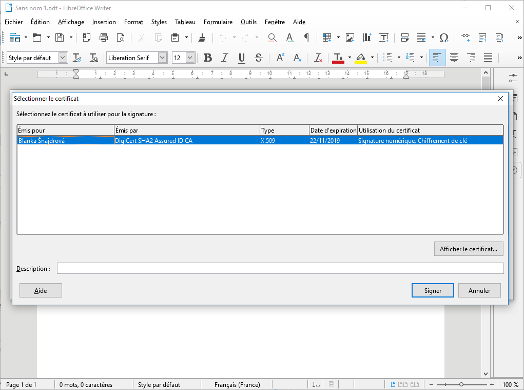 Signer dans Open/LibreOffice