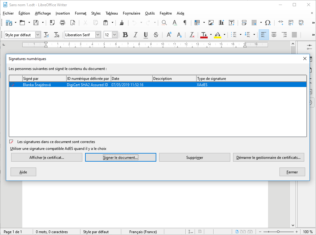 Signer dans Open/LibreOffice
