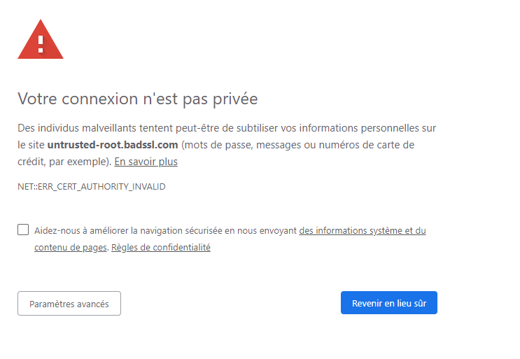 Message d'avertissement de certificat non reconnu