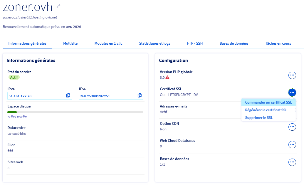 Configuration d'un certificat SSL
