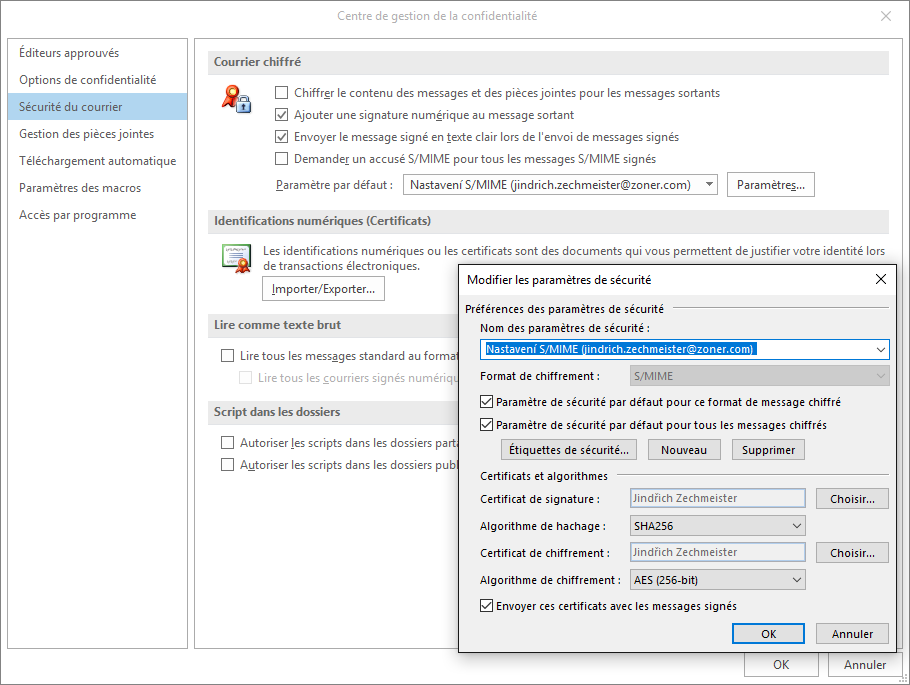 Définir un certificat s/mime dans l'Outlook