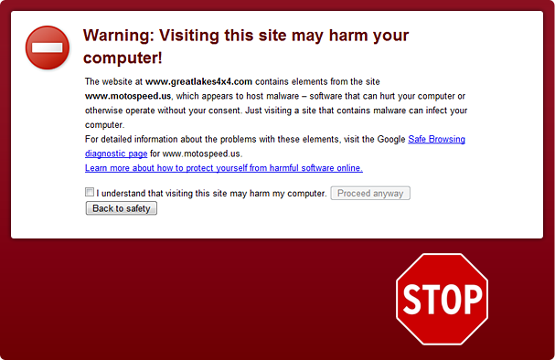 Upozornění prohlížeče na Google Malware warning Upozornění prohlížeče - Google Malware warning