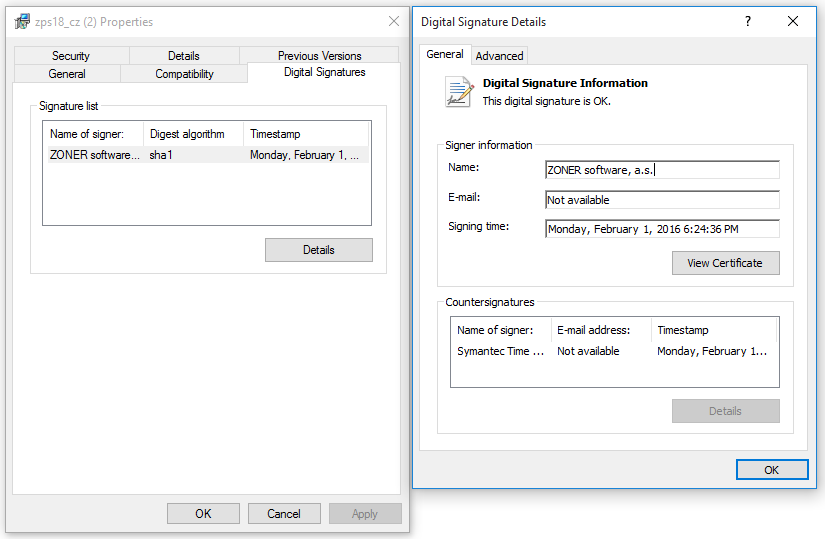 Détails de la signature dans l'Explorateur de fichiers Windows